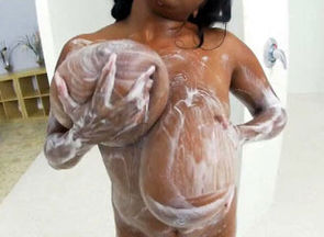 Ebony warm wifey washing her enormous..